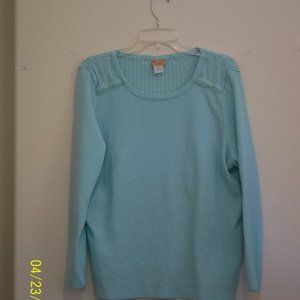 NorthCrest 2X Aqua Long Sleeve Waffle T-shirt Top, Embellished on Neck/Shoulders